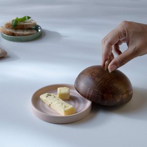Ceramic Butter Dish with Mango Wood Lid – Blush Stripe Butter Keeper for Modern Kitchen Décor
