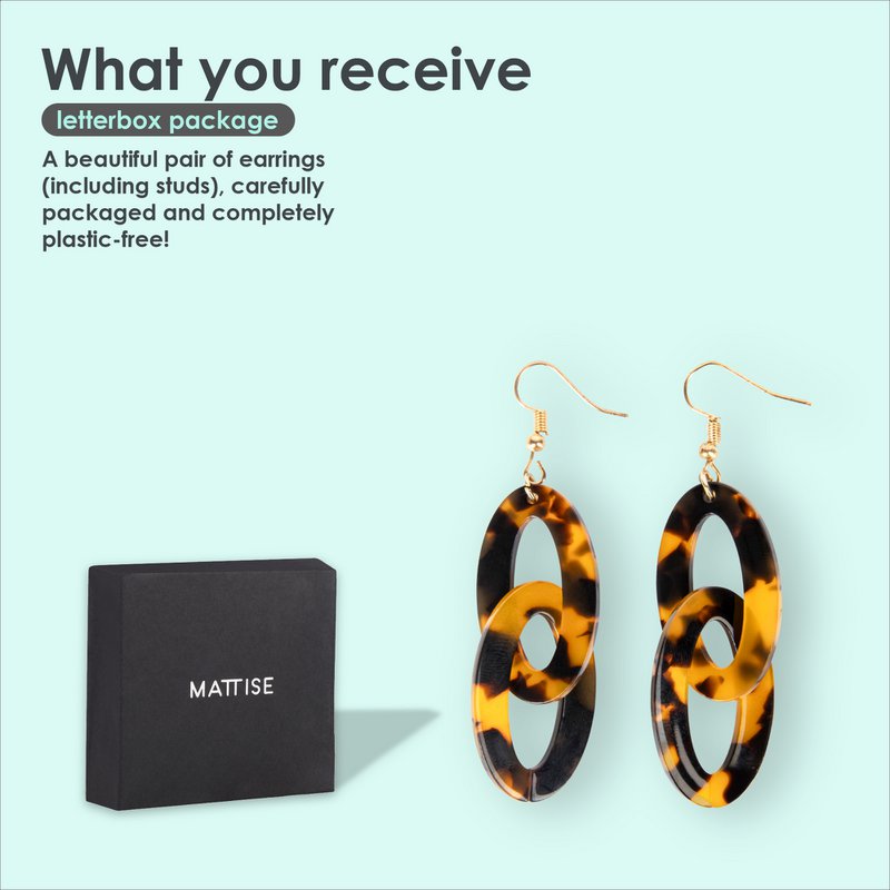 MATTISE Acetate Earrings Pendant — Handmade, Sustainable, Light weight & Unique — Tortoise Brown Black 20x67mm — Perfect Pair Hoops
