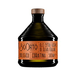 Organic extra virgin olive oil, monocultivar Coratina, 250 ml bottle. Rich, fruity flavor with notes of green apple and artichoke.
