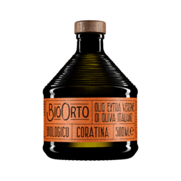 Organic extra virgin olive oil, monocultivar Coratina, 250 ml bottle. Rich, fruity flavor with notes of green apple and artichoke.