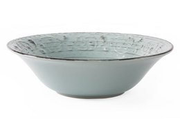 Large blue stoneware salad bowl with a crackled glaze finish, measuring 24.5 inches in diameter and 7 inches deep.