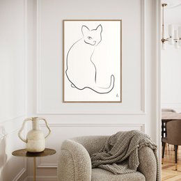 A minimalist line drawing of a cat in a simple black and white style, suitable for wall art or home decor.