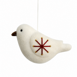 Luna-Leena vogel hangend ornament - bordeaux rode sterren - wolvilt - handgemaakt in Nepal