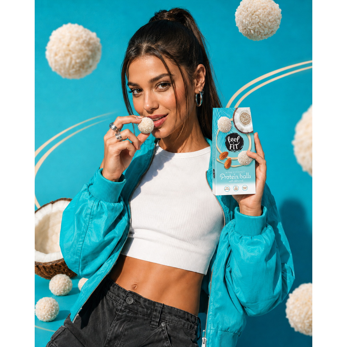 Feel FIT Royal Coconut Protein Balls mit ganzen Mandeln, 17 % Protein, ohne Zuckerzusatz, ohne Palmöl, 63 g