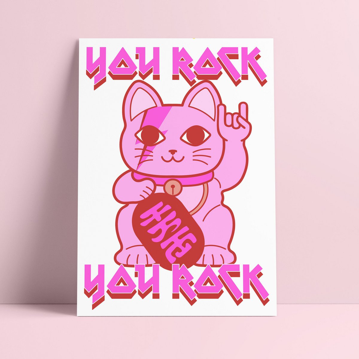 Riso Print You Rock Lucky Cat Maneki Neko