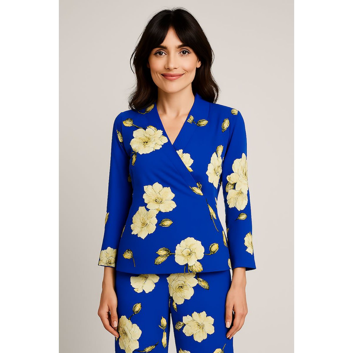Blue Fluid Fluid Kimono Jacke mit Blumendruck - Französische Herstellung