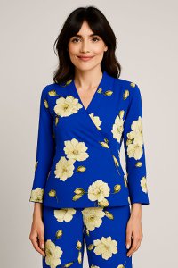 Blue fluid fluid kimono jacket with floral print - French manufacturing