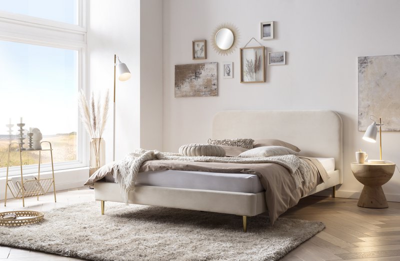 Upholstered bed with beige velvet cover 180x200 cm
