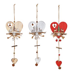 Christmas hanger heart with deer motif made of wood, 3-fold, brown/silver/red (W/H/D) 13x32x1cm