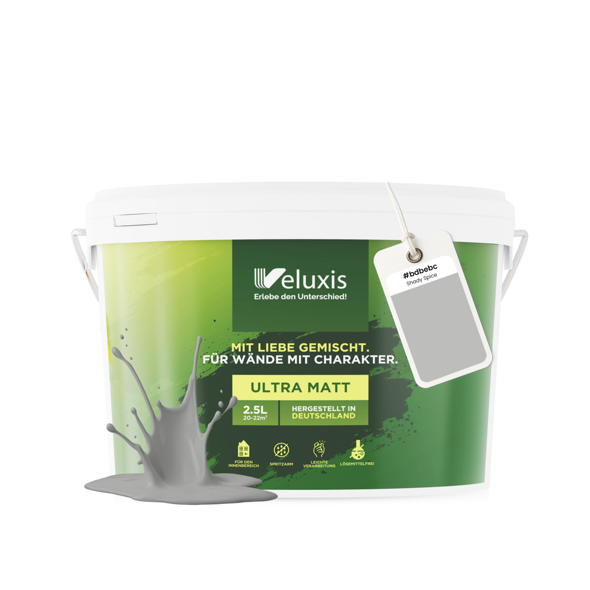 Veluxis® Wandfarbe Grau für den Innenraum - 2,5 Liter & Deckkraft-Klasse 1, Streifenfrei, tropfarm & Öko Farbe, VOC-frei - (Shady Spice)