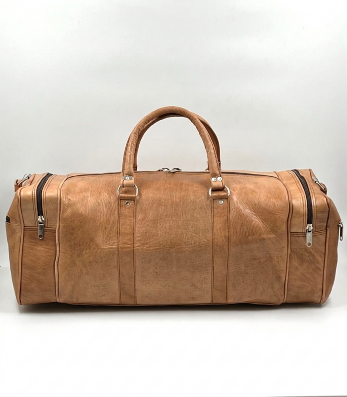 Borsa da viaggio grande in pelle marocchina fatta a mano - Borsone artigianale "Voyager" in marrone naturale organico