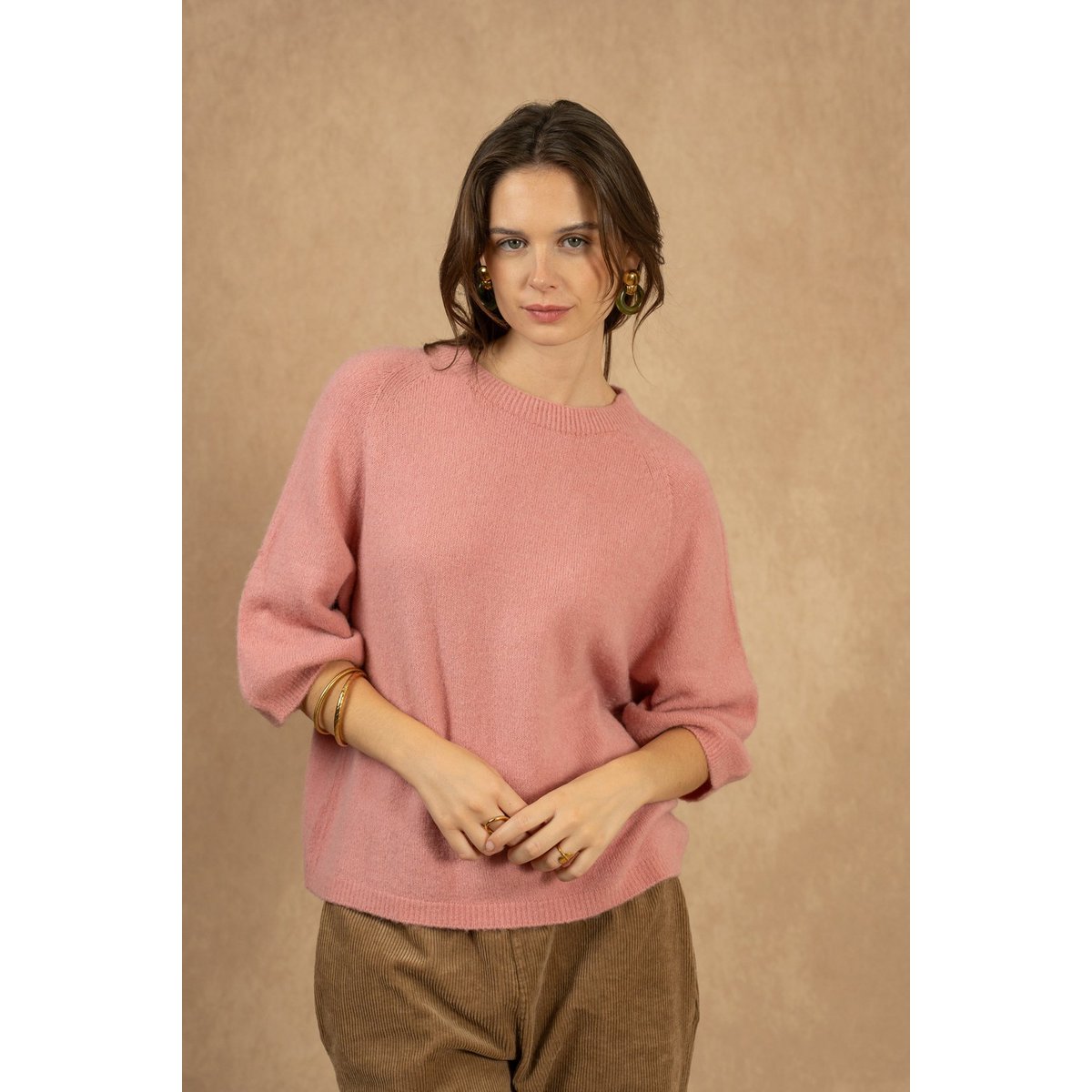 Pull col rond manches raglan 3/4 en alpaga et laine