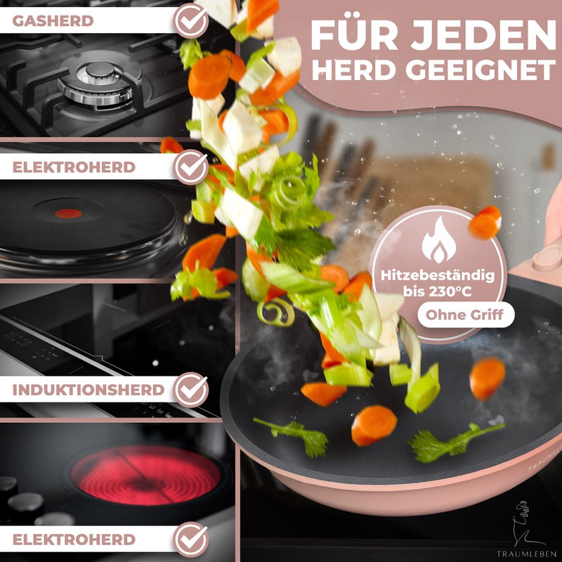 Fry pan 24 cm, ikke -stick coating, aftagelige håndtag, induktion, ovnfestival (lyserød)