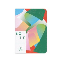 Spiral notebook with colorful geometric patterns and lines. Suitable for school, office, or personal use.