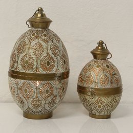 Orientalische Laterne Mila 2er Set B-Ware in Weiß-Gold marokkanisches Windlicht Kerzenhalter Ei-Form