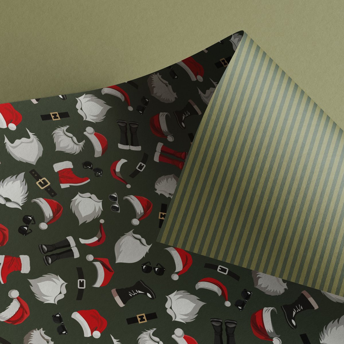 Grünes Weihnachts- Geschenkpapier mit Nikolaus Outfit und grünen Streifen, edles Geschenkpapier Weihnachtsmann , Weihnachts- Geschenkpapier Männer