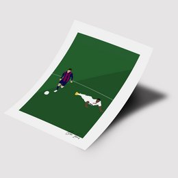 Poster depicting a person in a purple suit being humiliated by a goat on a green field.