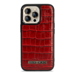 Red croco embossed leather iPhone 13 Pro MagSafe case with wireless charging support.