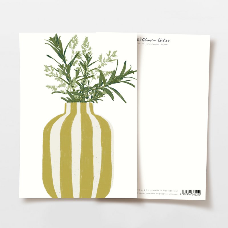 Postcard yellow striped vase with sea buckthorn