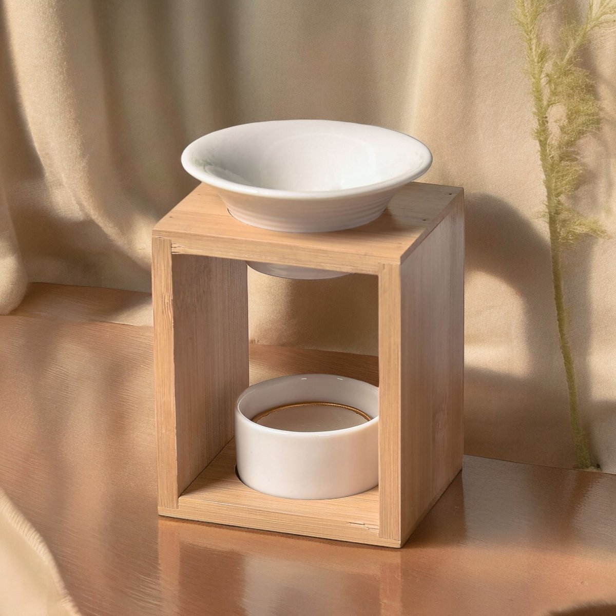 Parfümbrenner Naturea-Serie – Arina – Duftwachs-Schmelzbrenner – Diffusor für ätherische Öle und Raumdüfte – Aromatherapie-Kerzenhalter aus Bambus und Keramik