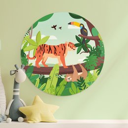 Round wall painting featuring a tiger in a jungle setting, suitable for a child's room.