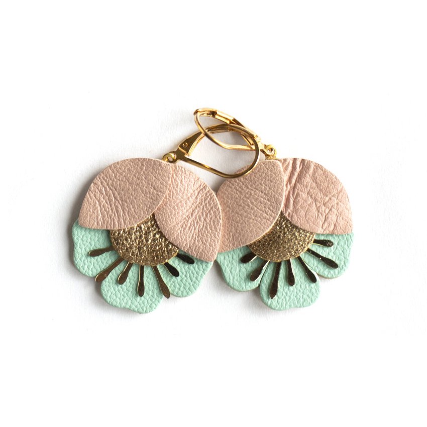 Cherry Blossom earrings - flesh pink leather, rose gold, aquamarine