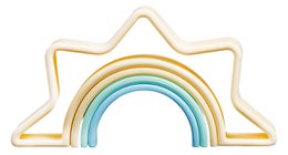 Pastel-colored wooden rainbow toy with star-shaped frame, suitable for babies and young children. Includes soft, curved wooden pieces in shades of blue, green, and yellow.