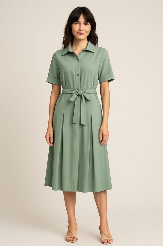 Robe QIZZY vert sauge mi-longue femme à col montant, manches courtes et ceinture