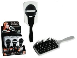 A black hairbrush with a microphone-shaped handle, designed for hair styling and karaoke use.