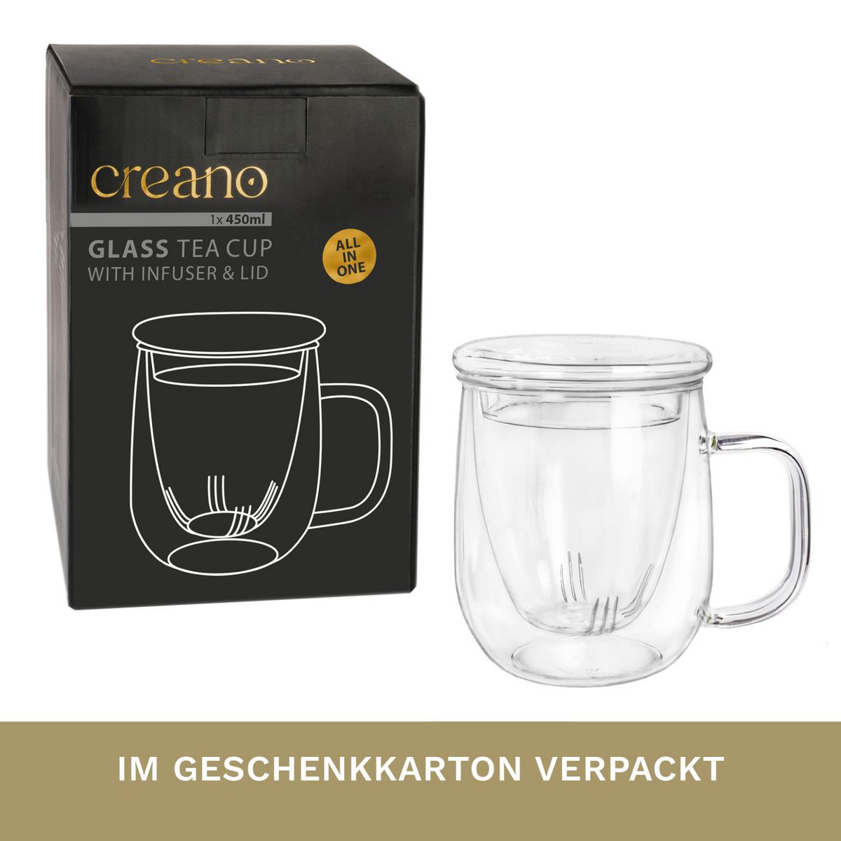 Creano Teeglas mit Sieb und Deckel 450ml