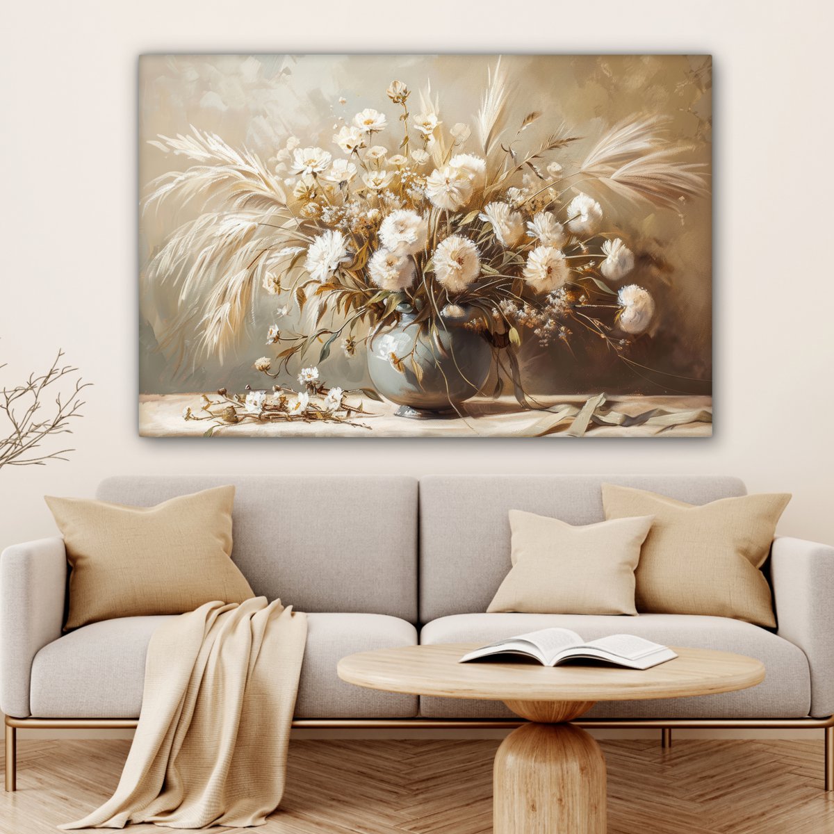 Canvas schilderij  - Wanddecoratie - Bloemen - Vaas - Stilleven - Beige