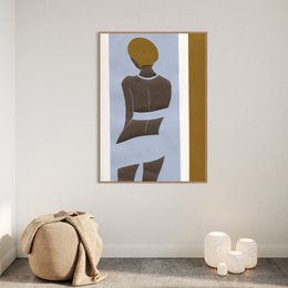 Abstract wall art featuring a minimalist silhouette of a standing figure in shades of brown and gold.