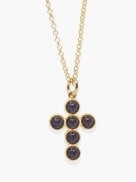 Gold-plated necklace with iolite gemstones in the shape of a cross. The necklace features a delicate chain and a pendant with a cross design made up of round iolite stones. The necklace is available in two sizes, S (42.5 + 5 cm / 16" + 2") and M (46 + 5 cm / 18" + 2").