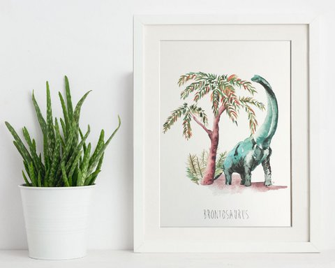 Brontosaurus Aquarell Dinosaurier Kinder Wanddruck