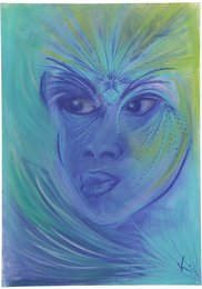 A vibrant, abstract portrait of a woman with striking blue and green hues, featuring intricate details and a mystical, ethereal quality.