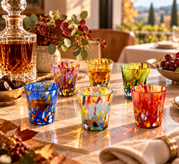 6 Gläser klassischer Likör in Glasblasen und handgefertigtem Glas mit Murrine di Murano, "The Colors of Murano" 140 ml Linie. In Italien gemacht