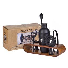  A 7-piece cocktail set with a wooden stand, including a cocktail shaker, jigger, strainer, and other bar tools in a black and wooden design.