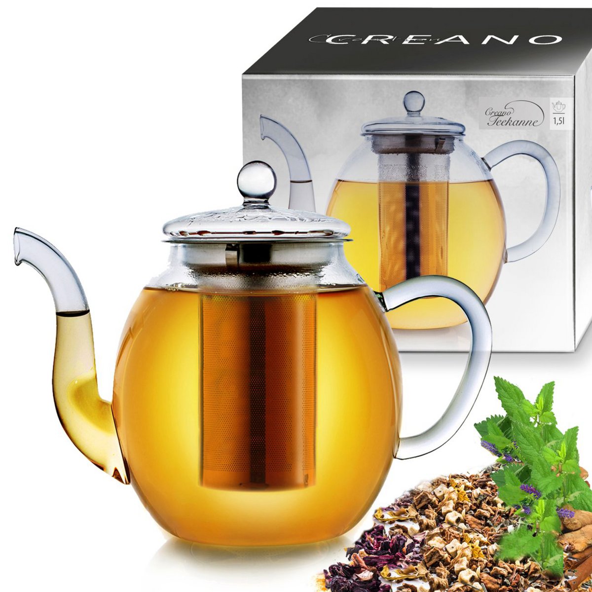 Creano glass teapot 1.5l with stainless steel strainer