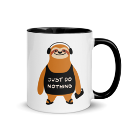 A white ceramic mug with a cute sloth design wearing headphones and the text "Just do nothing" printed on it. The mug has a black interior and handle.