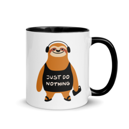 A white ceramic mug with a cute sloth design wearing headphones and the text "Just do nothing" printed on it. The mug has a black interior and handle.