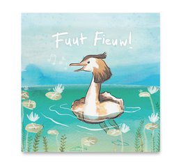 A whimsical card featuring a duck-like creature floating on a pond with flowers and lily pads. The text on the card reads "Fuut Fieuw!".