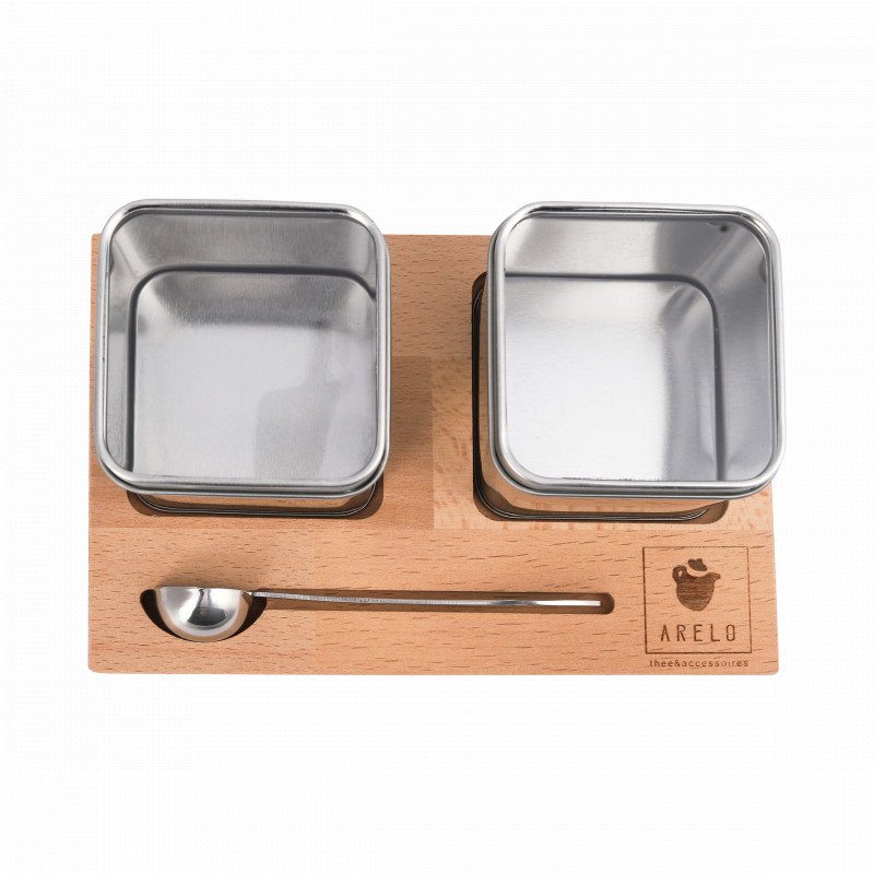 Tea board with 2 window tins and stainless steel measuring spoon