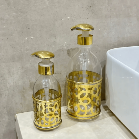 Gold Brass Glass Liquid Soap Dispenser | Luxurious Bathroom Accessory | Handmade in Morocco/ 2 pieces