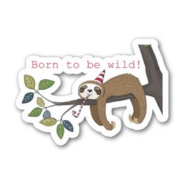 Decorative wooden magnet in the shape of a sloth with the text "Born to be wild!" The sloth is depicted with a playful, whimsical style and surrounded by leaves.