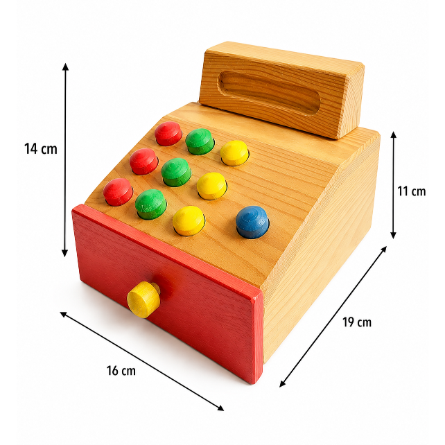 Caja registradora de juguete de madera.