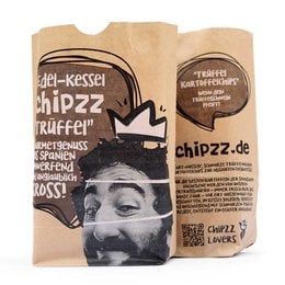 Potato chips Chipzz Truffle, a savory snack with a truffle flavor, packaged in a brown paper bag with an image of a man's face.