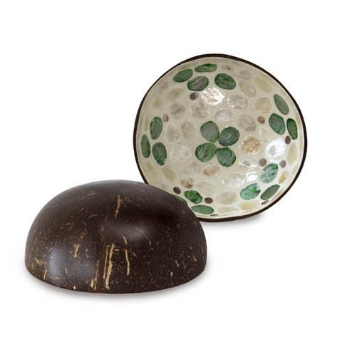 Made Terra Parelmoer Inlay Kokos Kommen en Houten Lepels Set 2 | Veganistische biologische salade Cereal Smoothie Buddha Acai Bowl voor keuken, eetkamer en decoratie