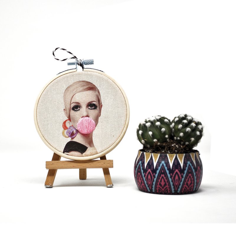 Handmade Embroidery Hoop Wall Art - Bubblegum Celebrities - Textile Wall Art Decoration (10cm)