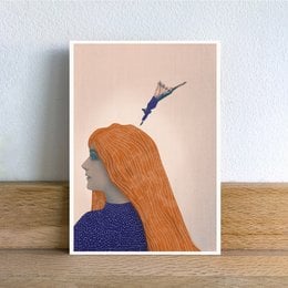 Postcard with illustration of a woman with long orange hair and a blue bird perched on her head.