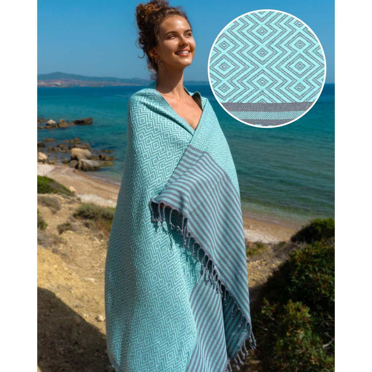 Telo mare SAHARA in cotone Hammam – Leggero – Menta - 180x100 cm